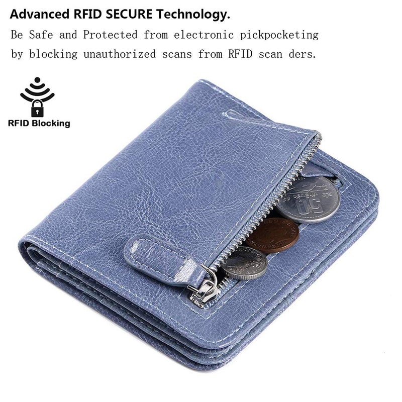 FT FUNTOR FUNTOR Leather Wallet for women, Ladies Small Compact Bifold Pocket RFID Blocking Wallet for Women, Waxed Blue - Image 3